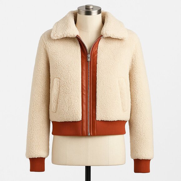 BLANKNYC Womens Medium Faux Sherpa Jacket Vegan Leather Trim Cropped Midweight - Picture 1 of 11